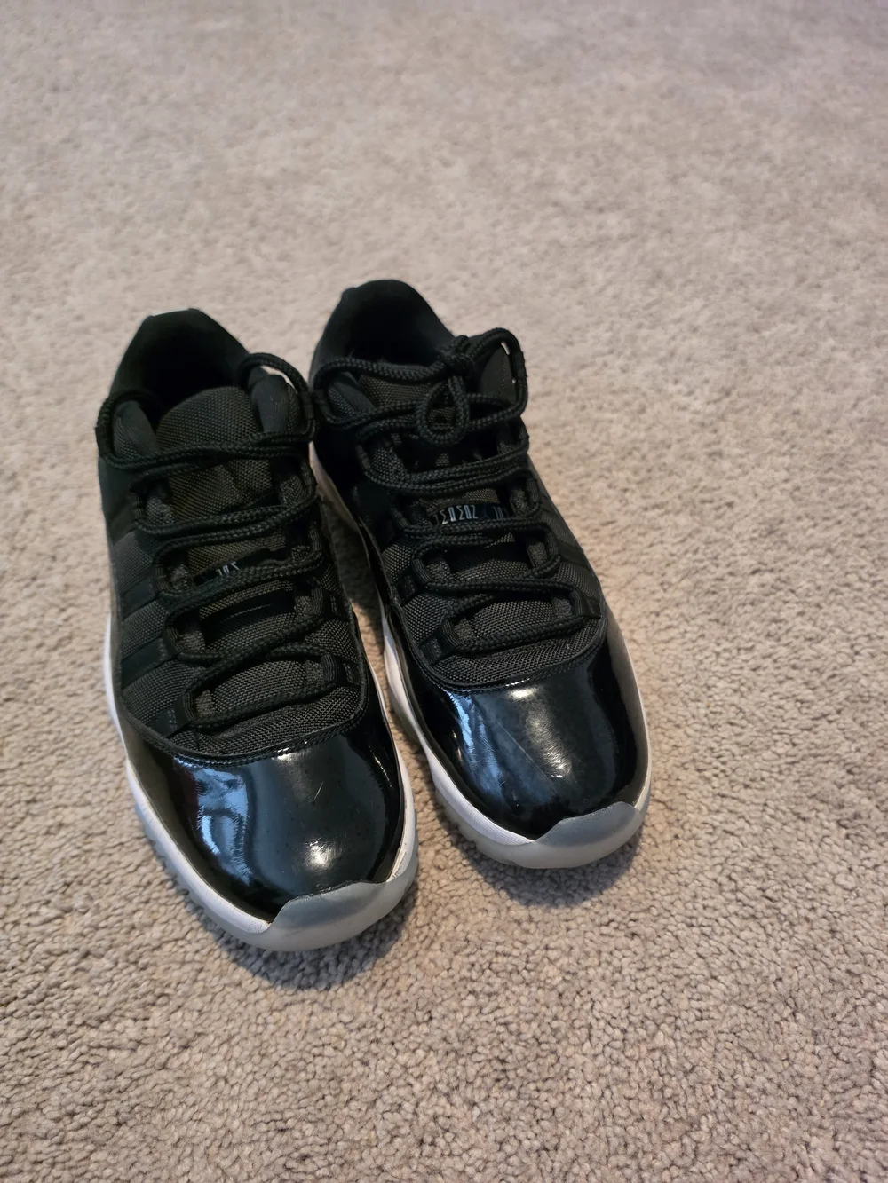 Jordan Men’s Low-Top Patent Leather Basketball Sneakers in Black and White